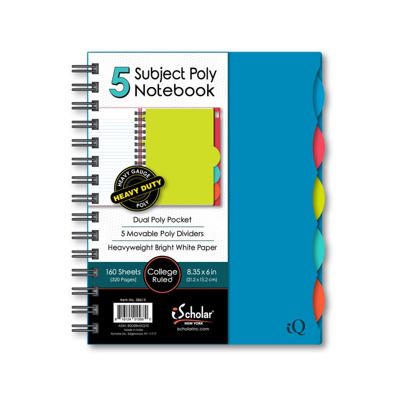 iScholar 5 Subject Poly Cover Double Wire Notebook, 8.35 x 6 Inches, Cover Color May Vary (58615)160 Sheets , Assorted - Image 5